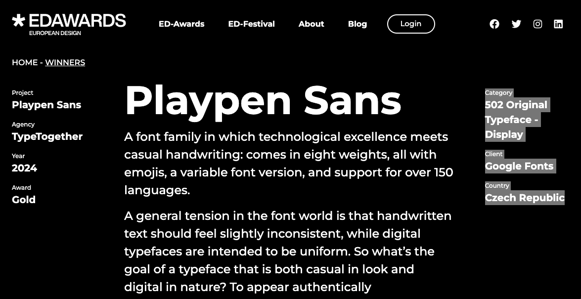 Playpen Sans gets a Ed-Awards Gold Prize 2024. June 2024