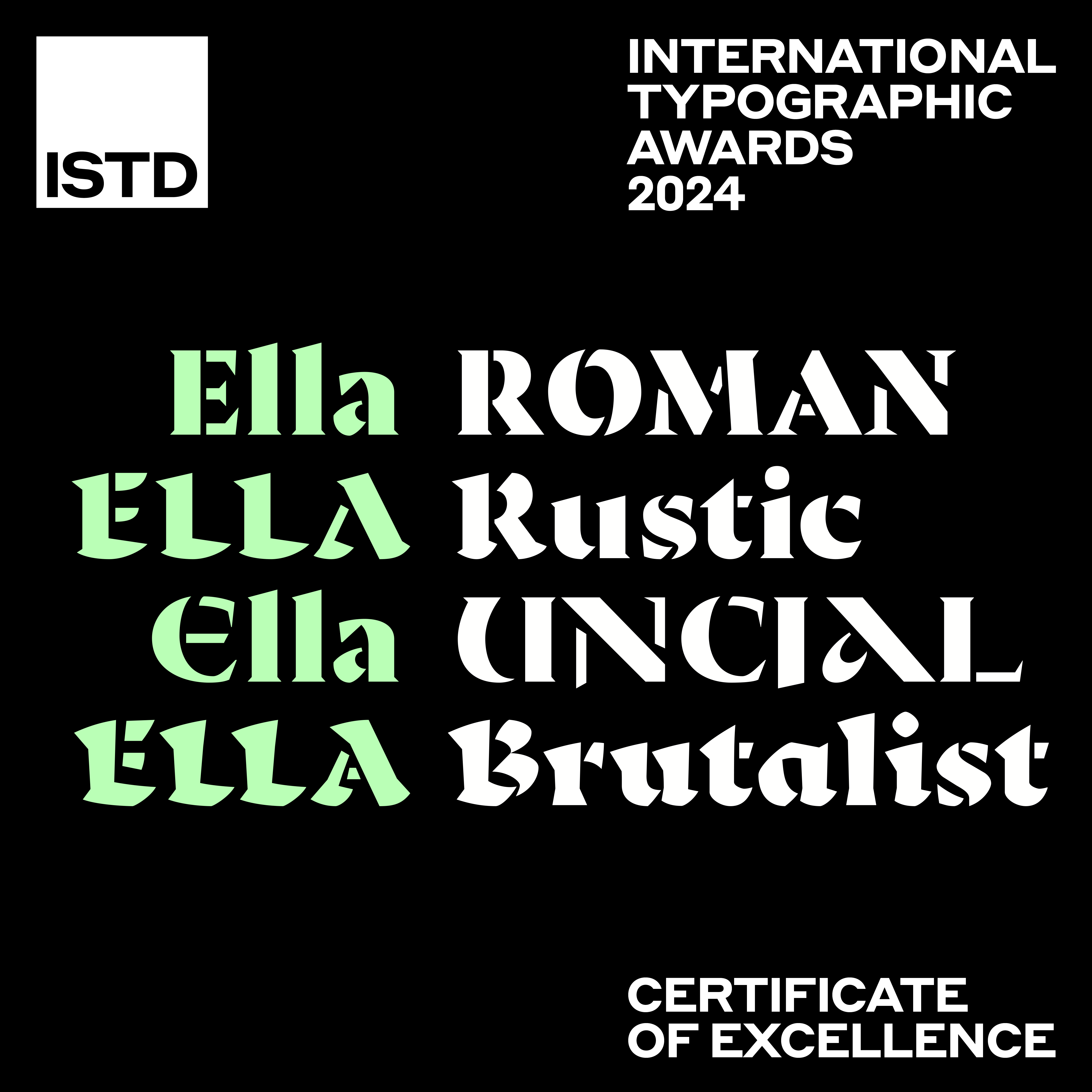 Ella and Paypen Sans get a Certificate of Excellence at the ISTD Awards. October 2024